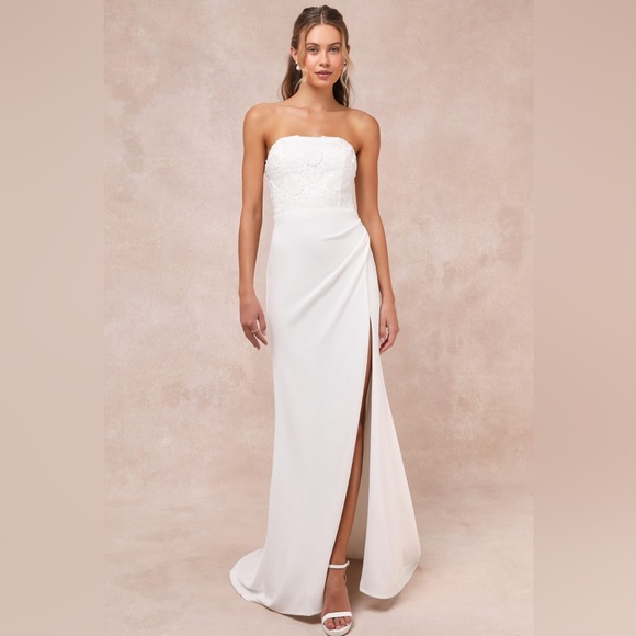 Lulus Dresses & Skirts - Refined Glow White 3D Embroidered Sequin Strapless Maxi Dress By Lulus XL NEW